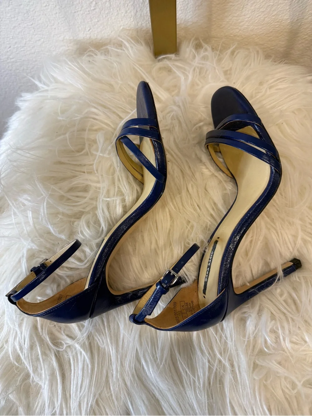 Zara Basic Navy Blue Leather Ankle-Strap Stiletto Sandals Heel 4” Size 6